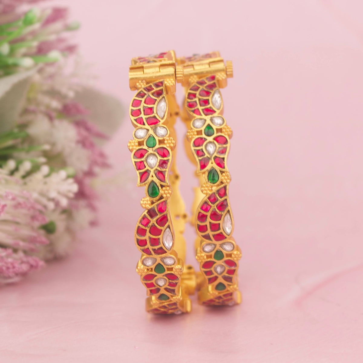 Elegant Gold Style Jadau Kundan Bangles Styling Angle View 5 - Dulhan Jewels