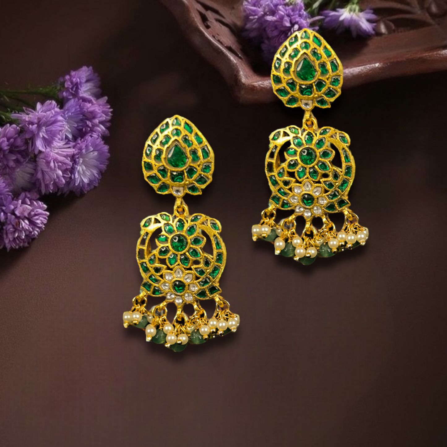 Emerald Fantasy Jadau Kundan Chandbali Earrings