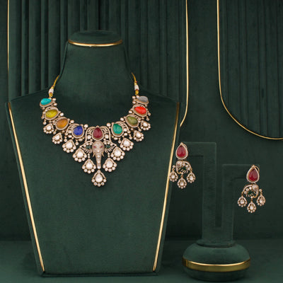 Navratan Victorian Polki Necklace Set With Matching Earrings - Handcrafted Indian Bridal Jewelry by Dulhan Jewels