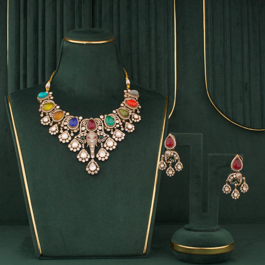 Navratan Victorian Polki Necklace Set With Matching Earrings - Handcrafted Indian Bridal Jewelry by Dulhan Jewels
