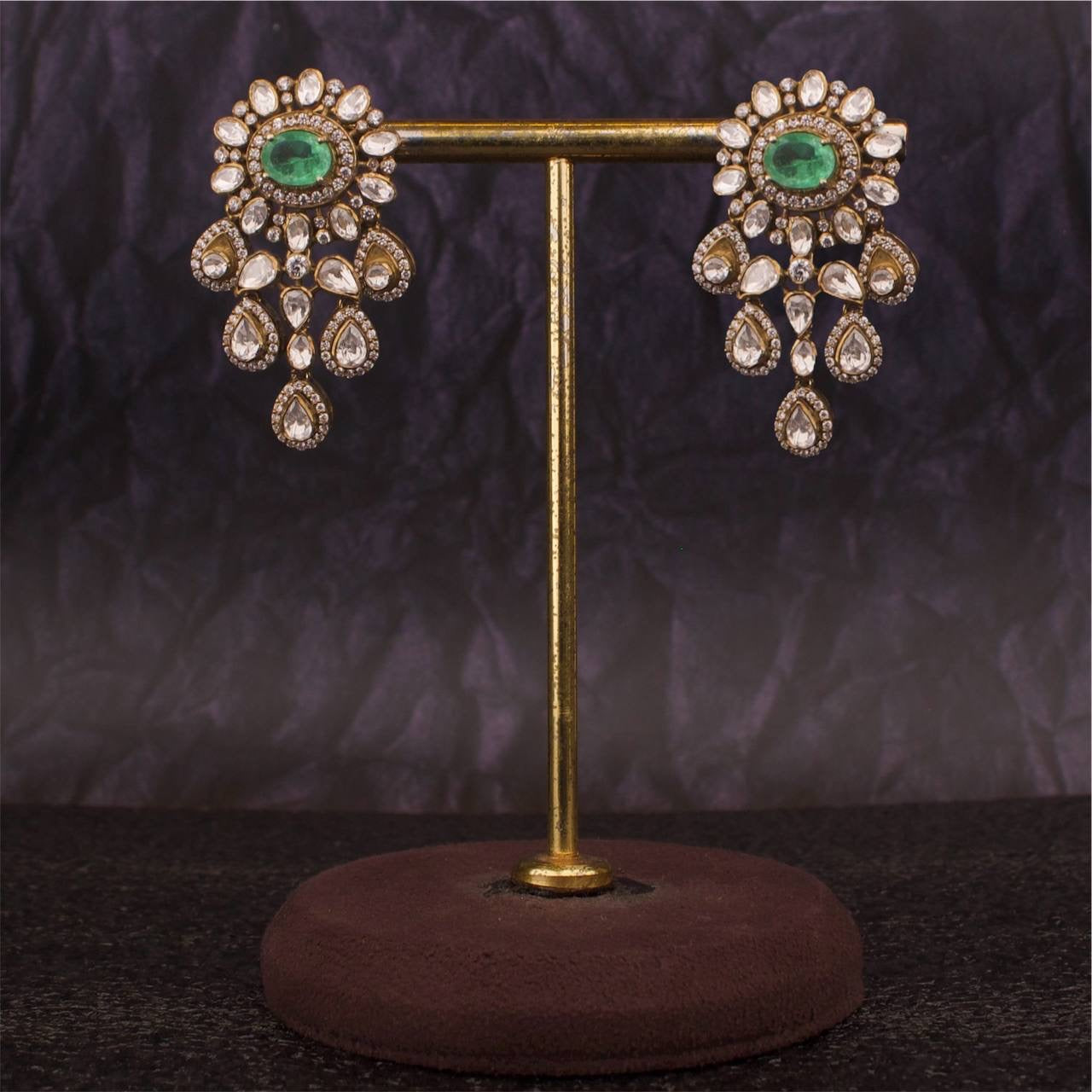 Bridal Look Moissanite Polki Hanging Earrings In Pure 925 Silver