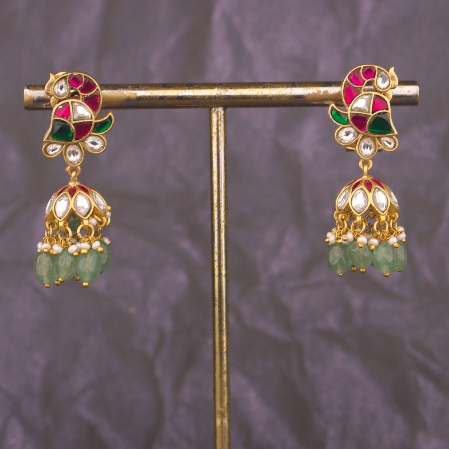 Mini Jadau Kundan Jhumki Earrings With Green Drops