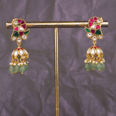 Mini Jadau Kundan Jhumki Earrings With Green Drops