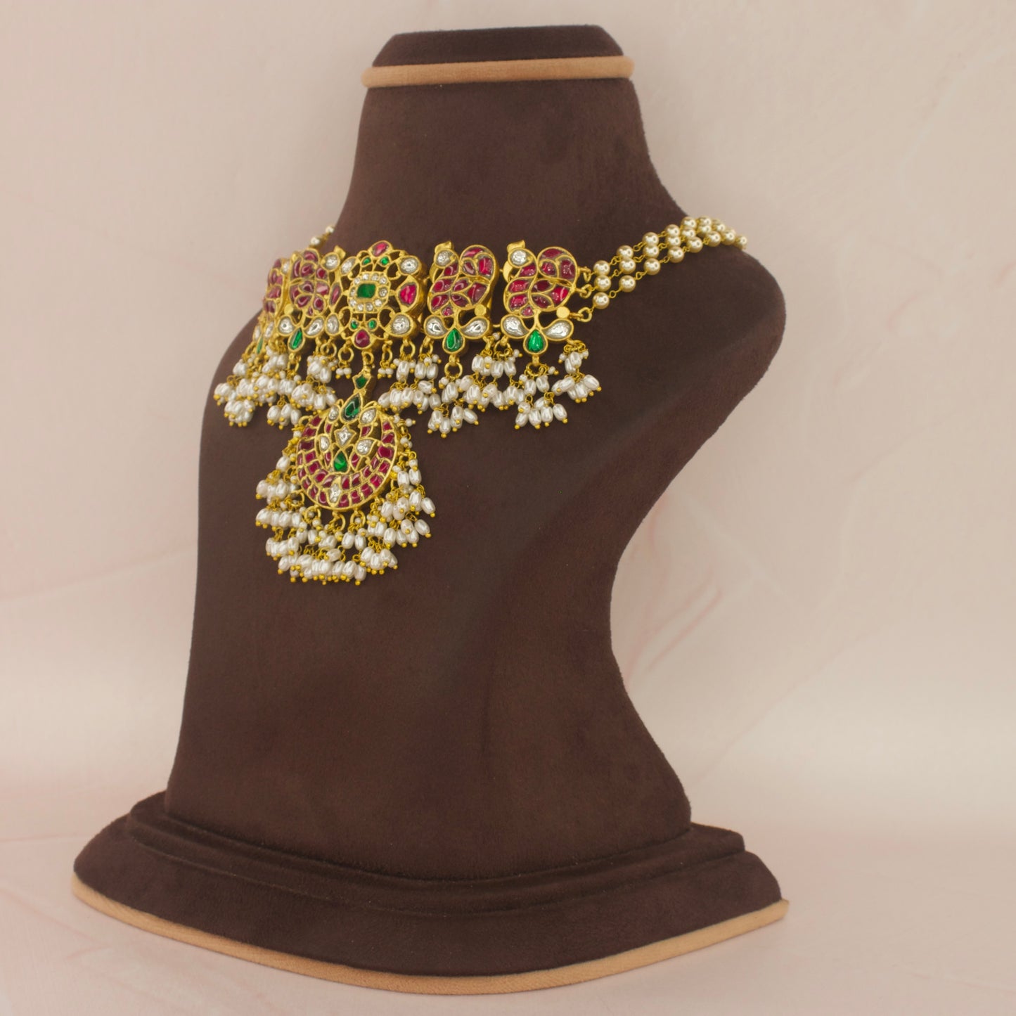 Grand Peacock design Jadau Kundan Ricepearl Choker - DULHAN JEWELS