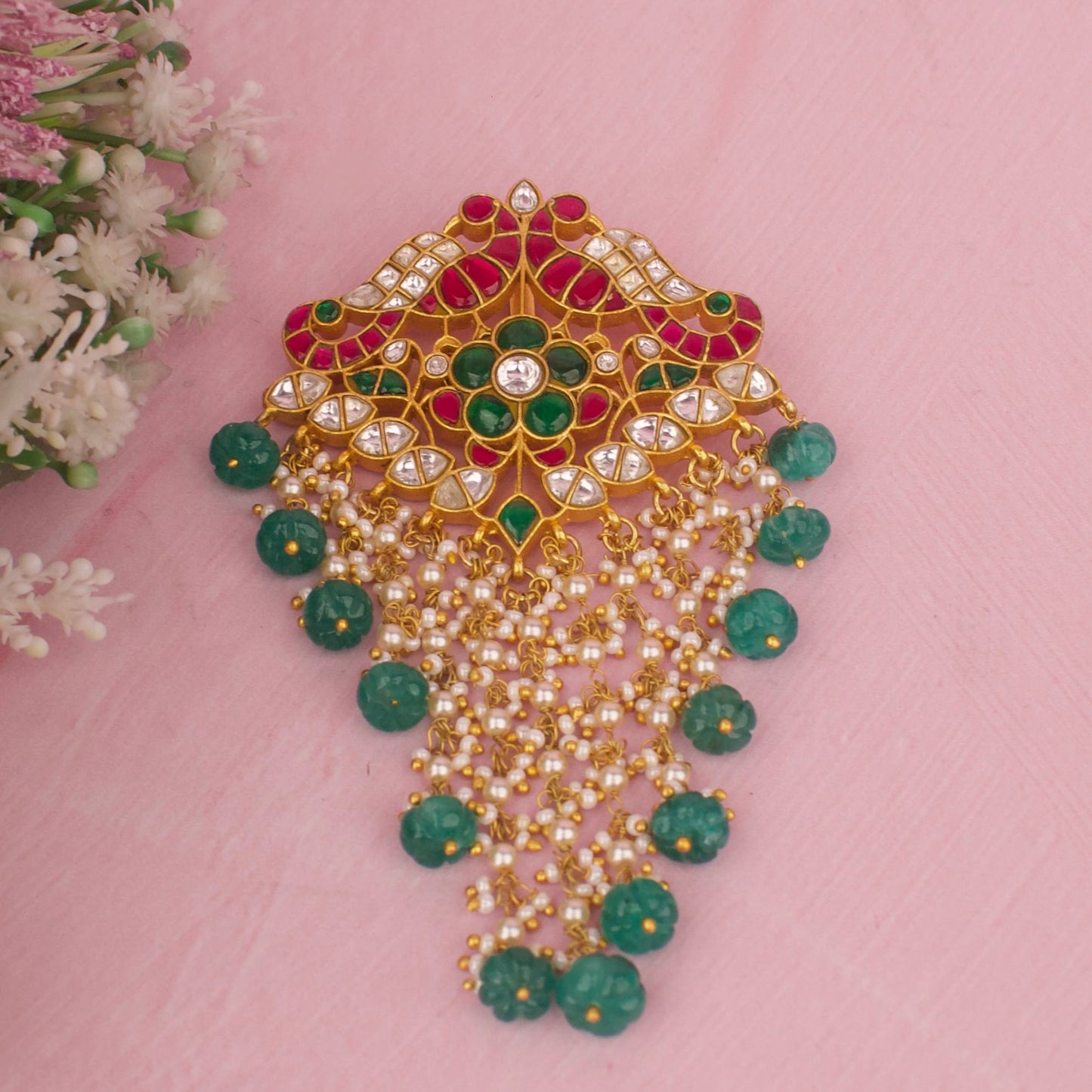 Designer Jadau Kundan Locket With Pearl Tassels