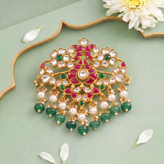 Classic Jadau Kundan Pendant With Pearl And Green Drops