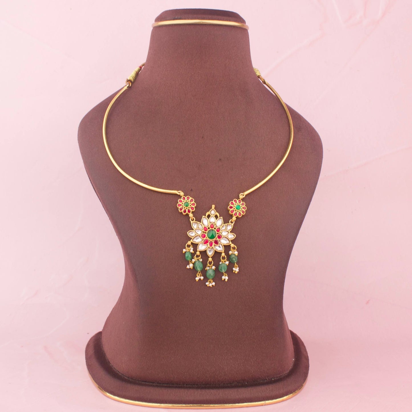 Minimal Jadau Kundan Kanti With Green Beads
