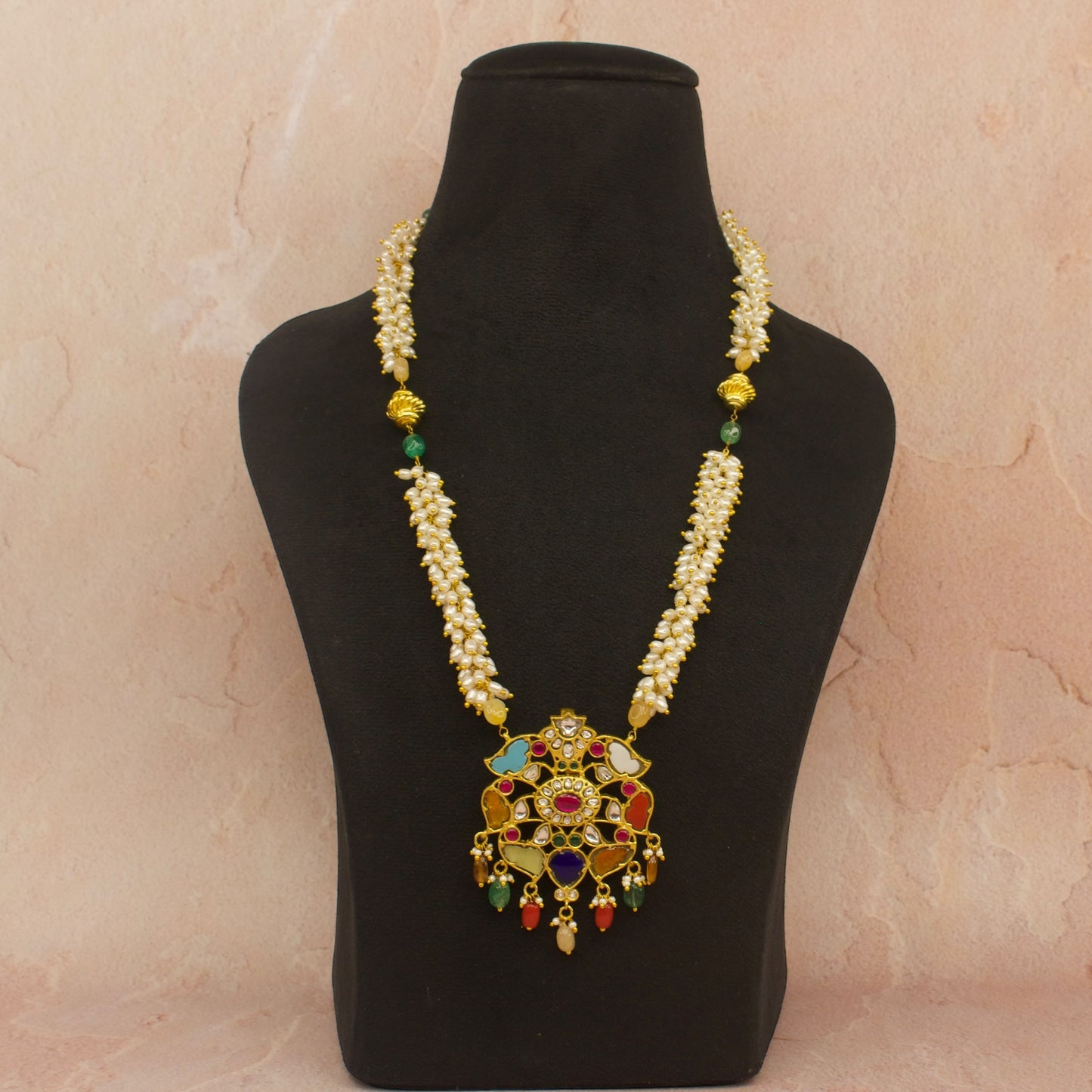 Navratna locket pearl chain necklace