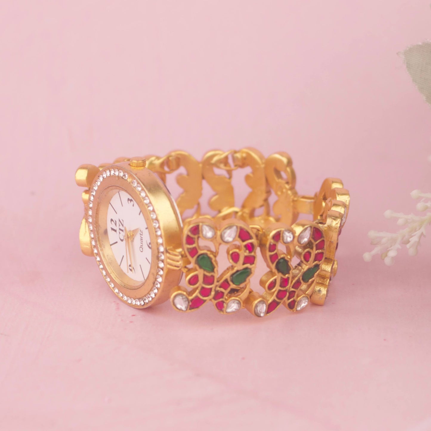 Designer Jadau Kundan Peacock Bracelet Watch