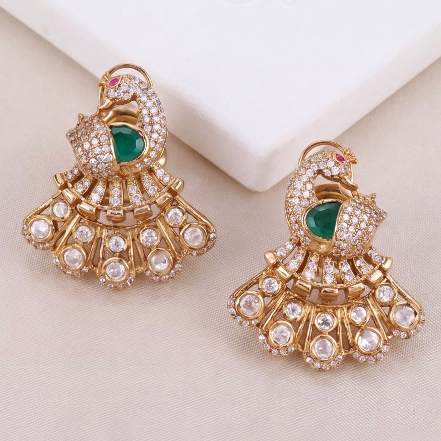 Royal Victorian Peacock Stud Earrings With Emerald Accent - Handcrafted Indian Bridal Jewelry by Dulhan Jewels