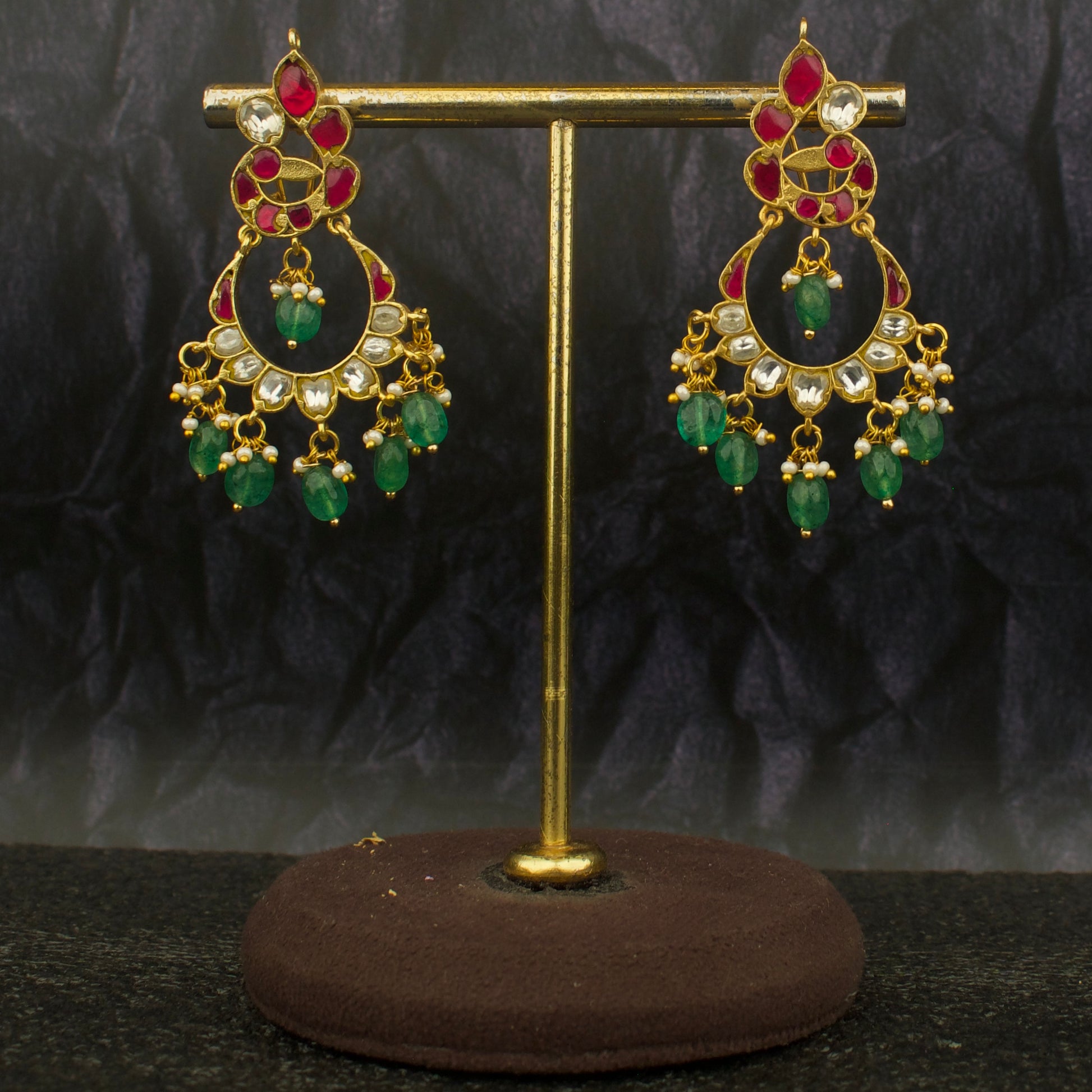 Charming Jadau Kundan Peacock Studded Chand Bali Earrings