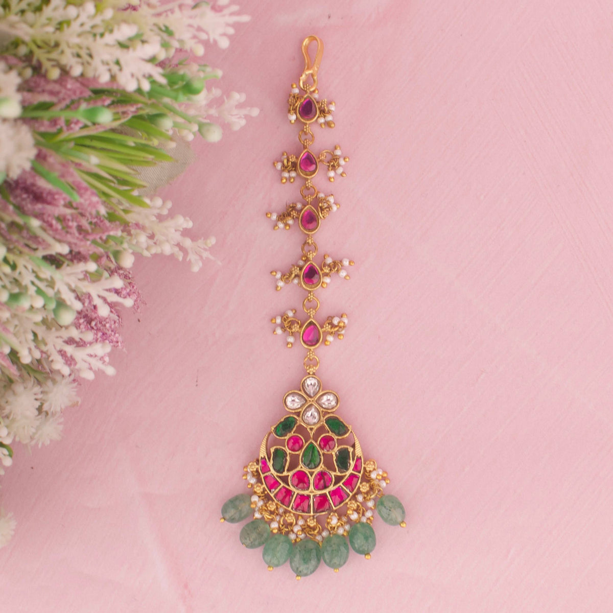 Elegant Jadau Kundan Maang Tikka With Green Drops
