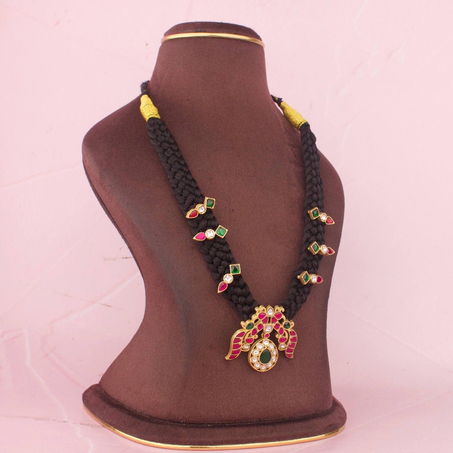 Traditional Black Thread Necklace Design With Peacock Kundan Pendant