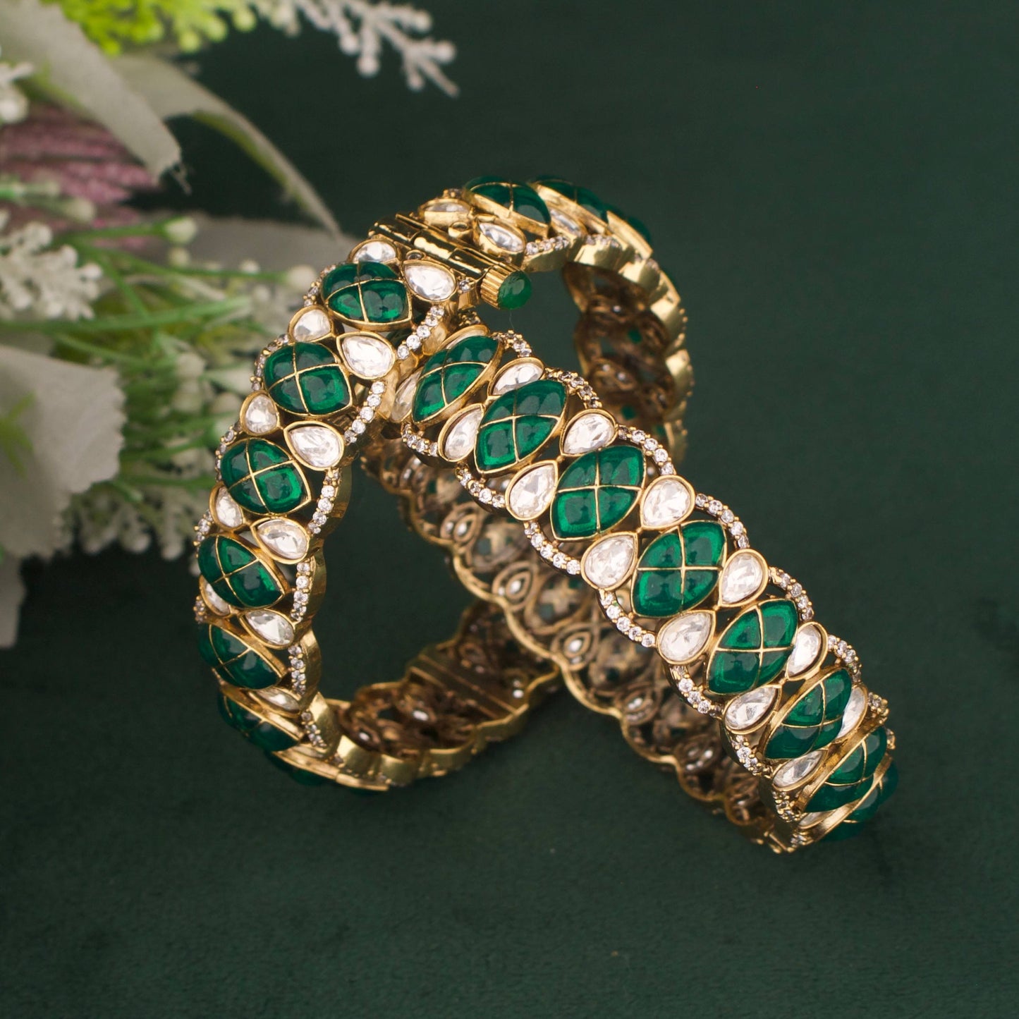 Side Angle & Craftsmanship View of Elegant Design Fusion Kundan & Polki Victorian Bangles | Dulhan Jewels
