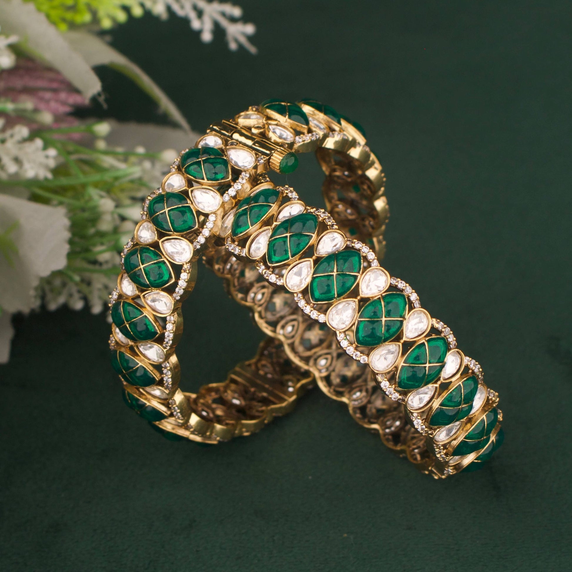Side Angle & Craftsmanship View of Elegant Design Fusion Kundan & Polki Victorian Bangles | Dulhan Jewels