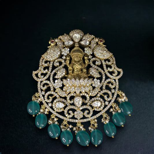 Temple Motif Victorian Pendant with earrings. This Victorian Jewellery has goddess Laxmi devi carved on the Locket.