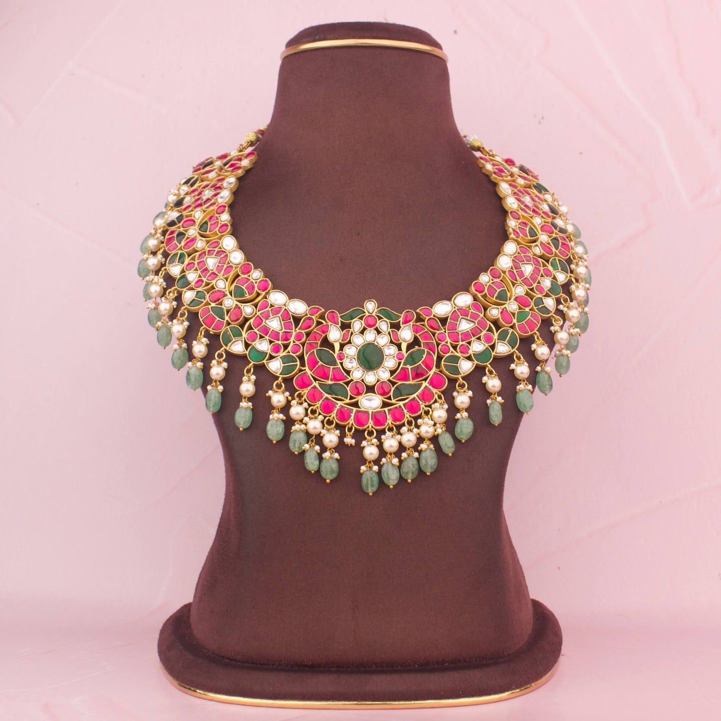 Grand Floral Design Jadau Kundan Necklace with Green Beads