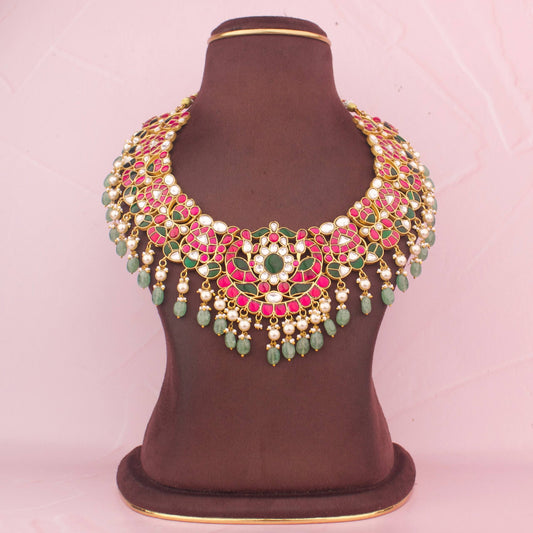 Grand Floral Design Jadau Kundan Necklace with Green Beads