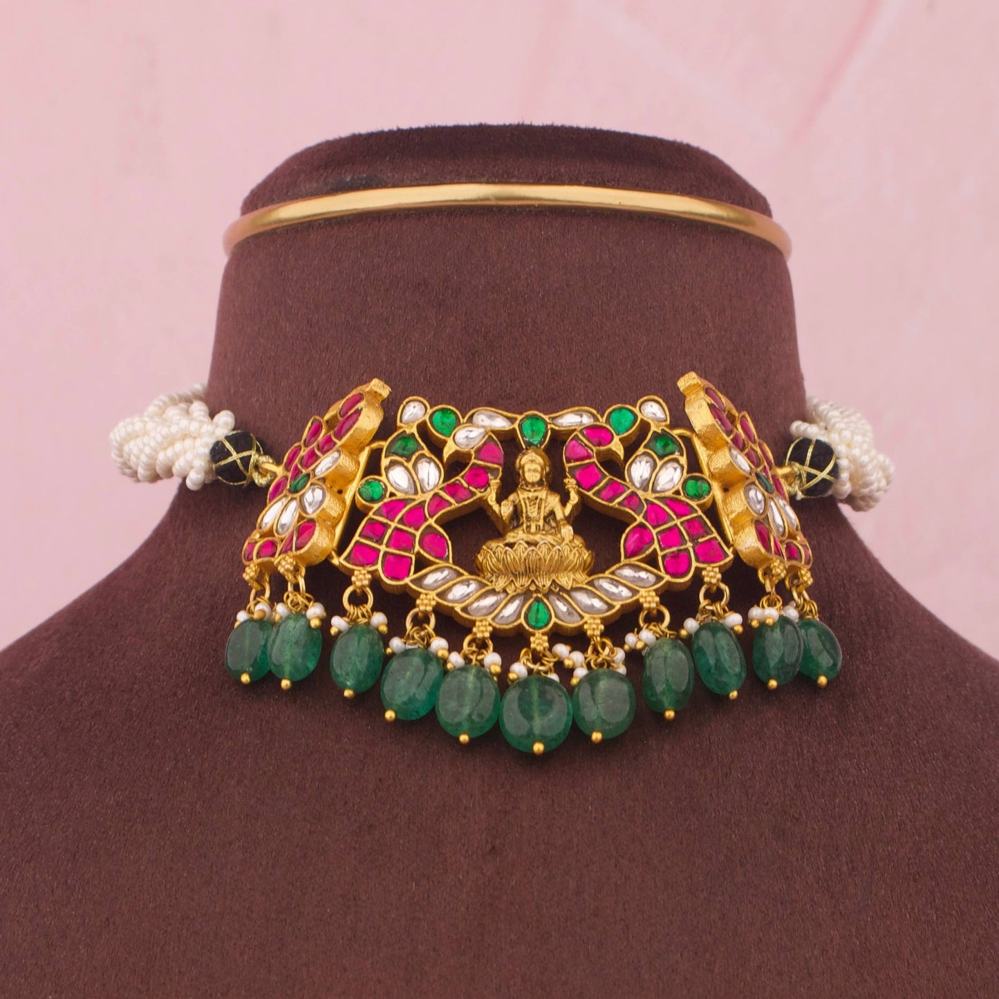Temple Style Jadau Kundan Choker With Lakshmi Devi Motif And Green Beads