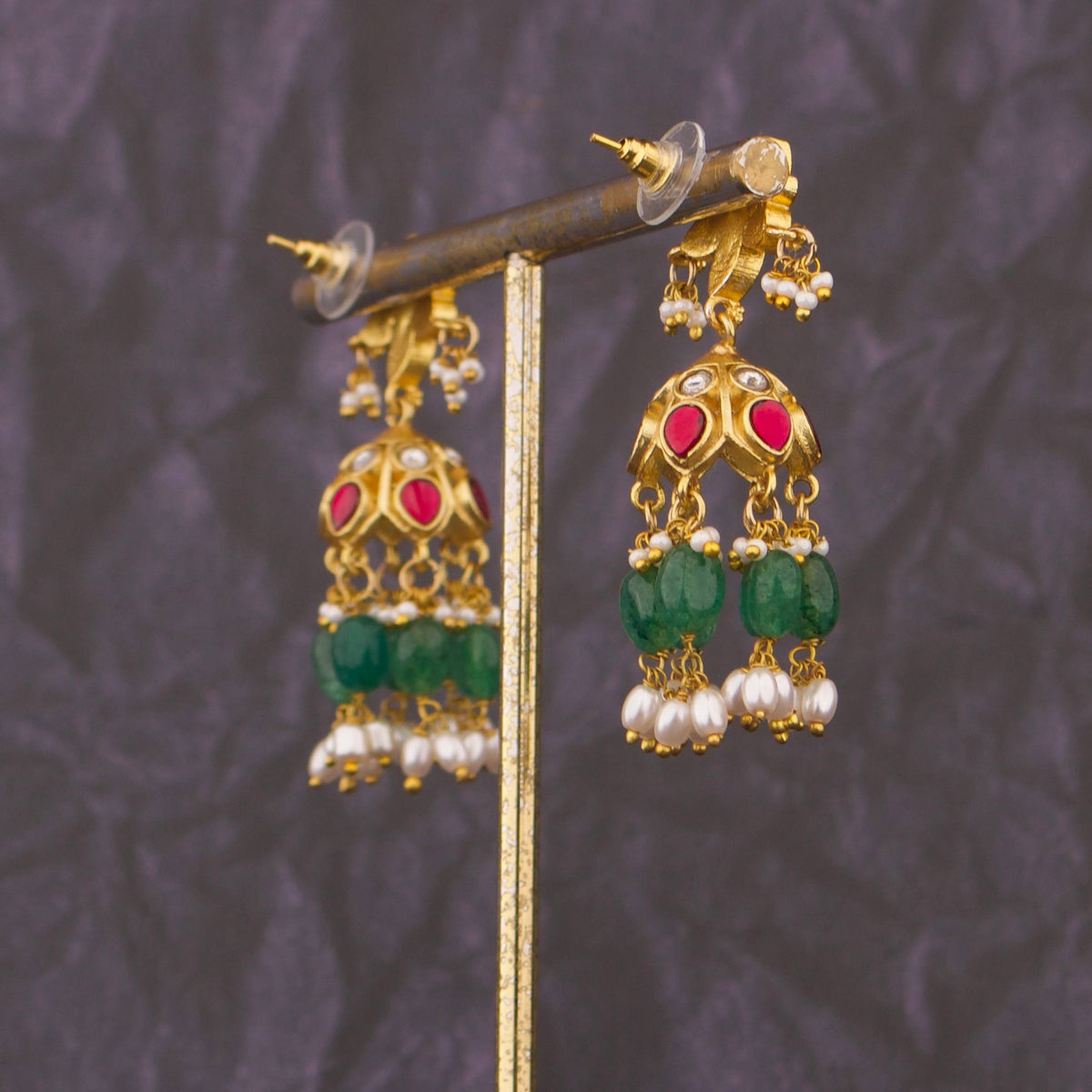 Phool Design Jadau Kundan Jhumka Earrings Craftsmanship & Detail View - Dulhan Jewels