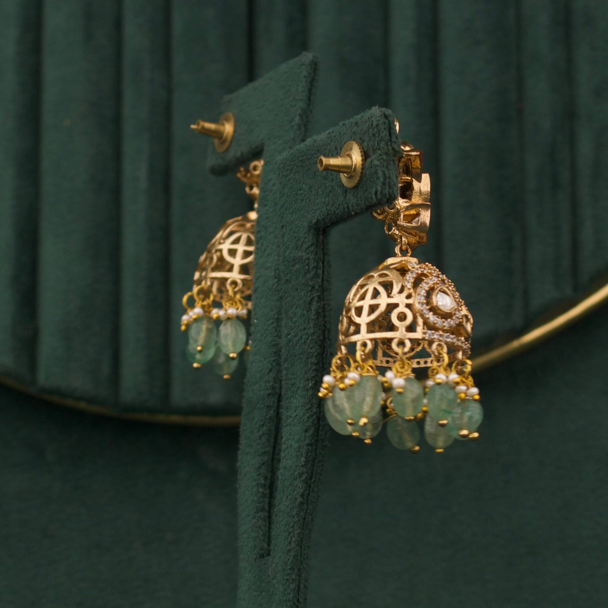 Victorian Polki Jhumka Earrings With Emerald Drops