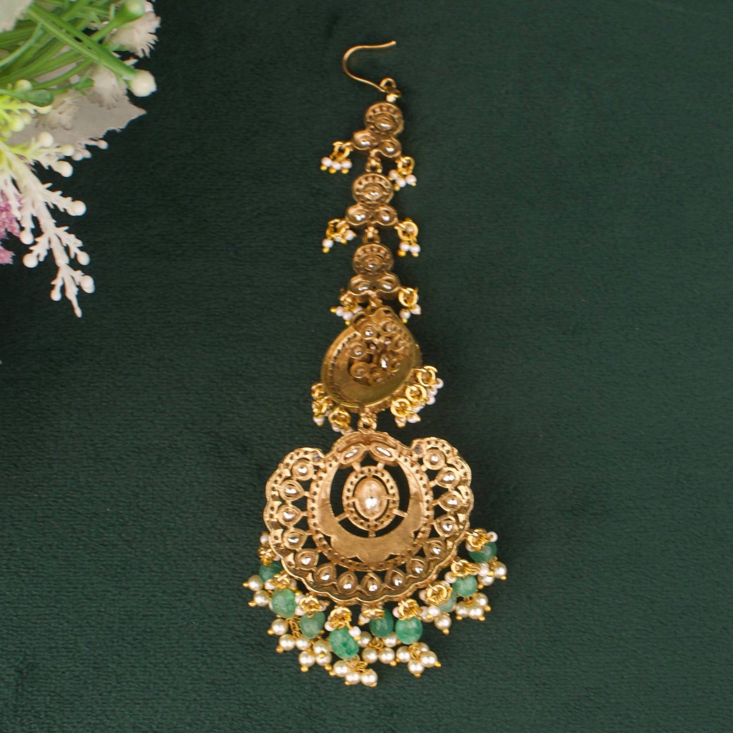 Designer Victorian Polki Maang Tikka With Pearl Tassels