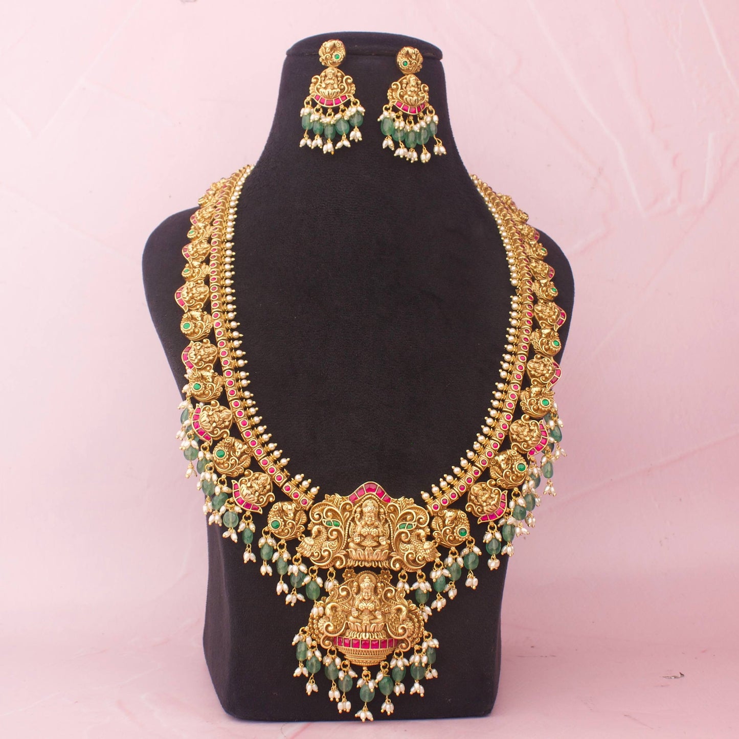 Traditional Long Jadau Kundan Haram Necklace With Emerald Beads