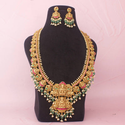 Traditional Long Jadau Kundan Haram Necklace With Emerald Beads