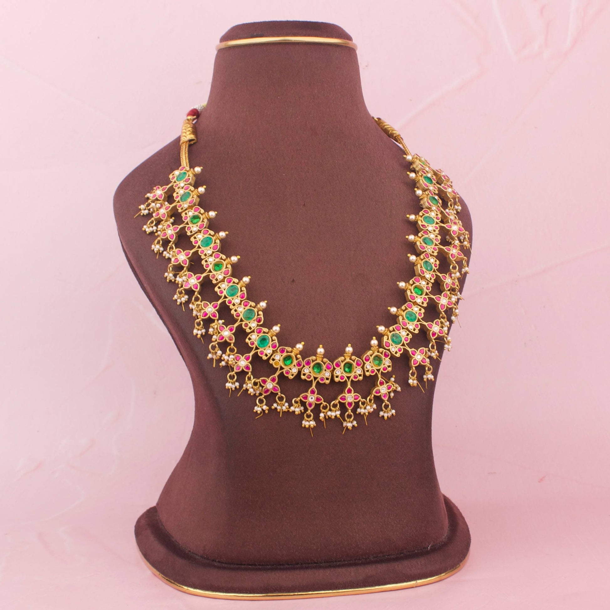 Close-Up Detail View of Floral Symphony Jadau Kundan Necklace | Dulhan Jewels