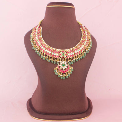 Classy Jadau Kundan Chand Design Necklace With Green Drops