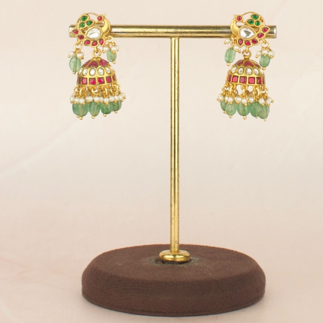 Exquisite Peacock Studded Jadau Kundan Jhumki with beads