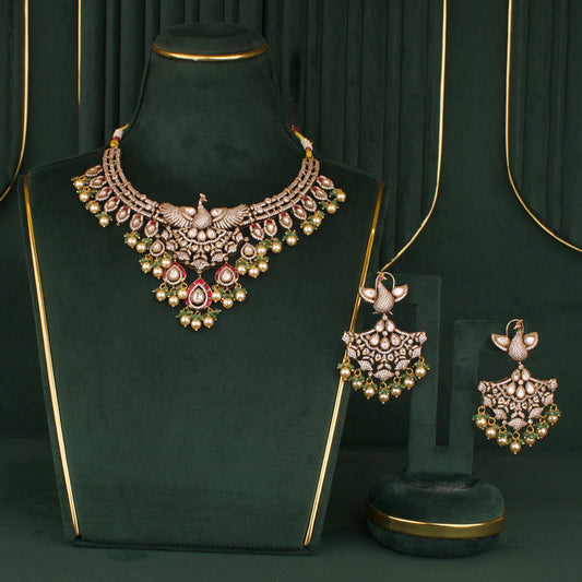 Designer Peacock Craving Fusion Polki & Kundan Necklace Set