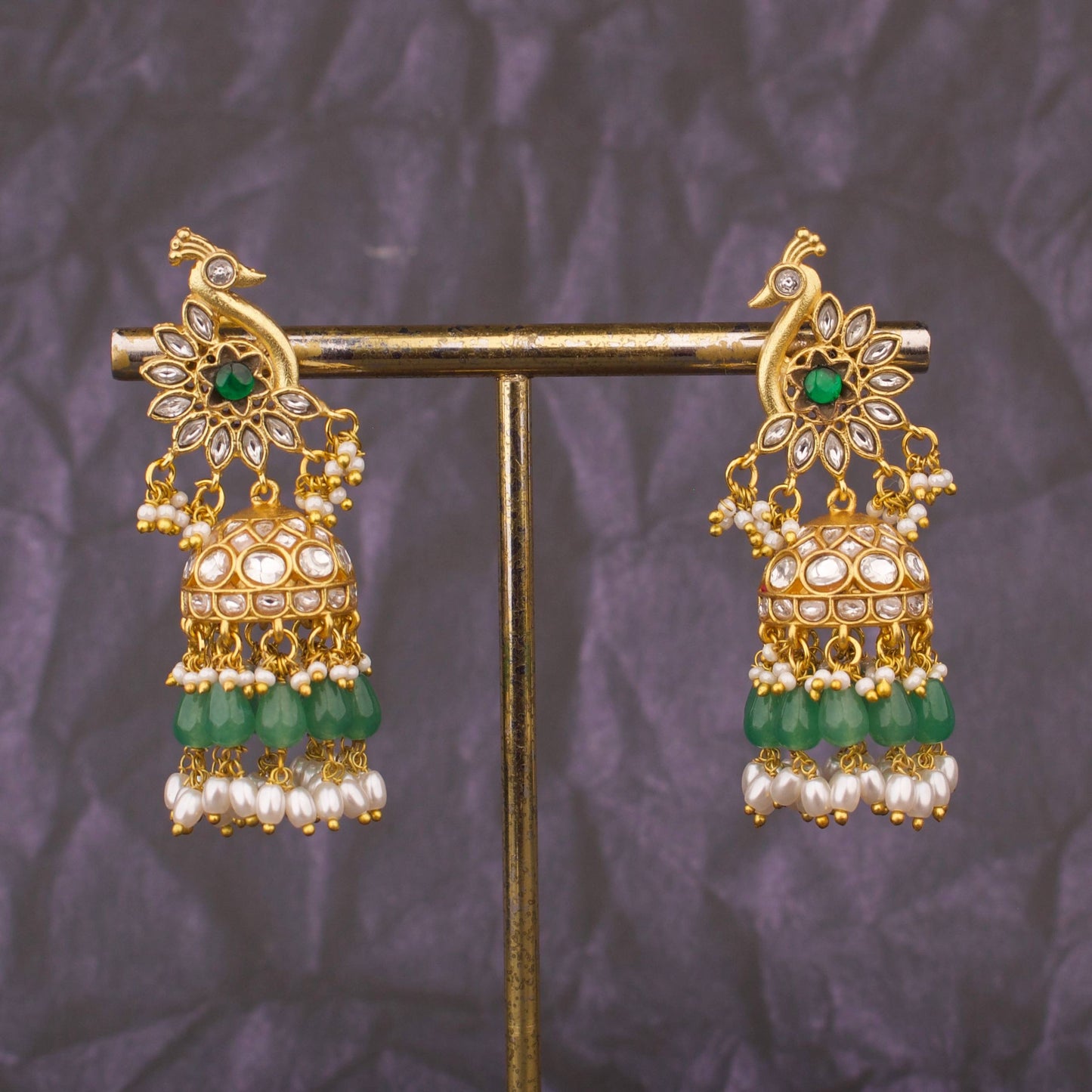 Heritage Peacock Design Jadau Kundan Jhumki With Green Beads And Pearl Danglings