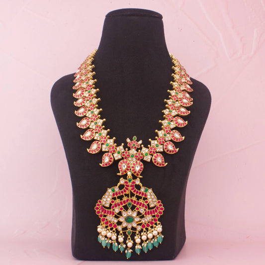Heritage Bridal Jadau Kundan Long Haram With Mango Design And Pendant