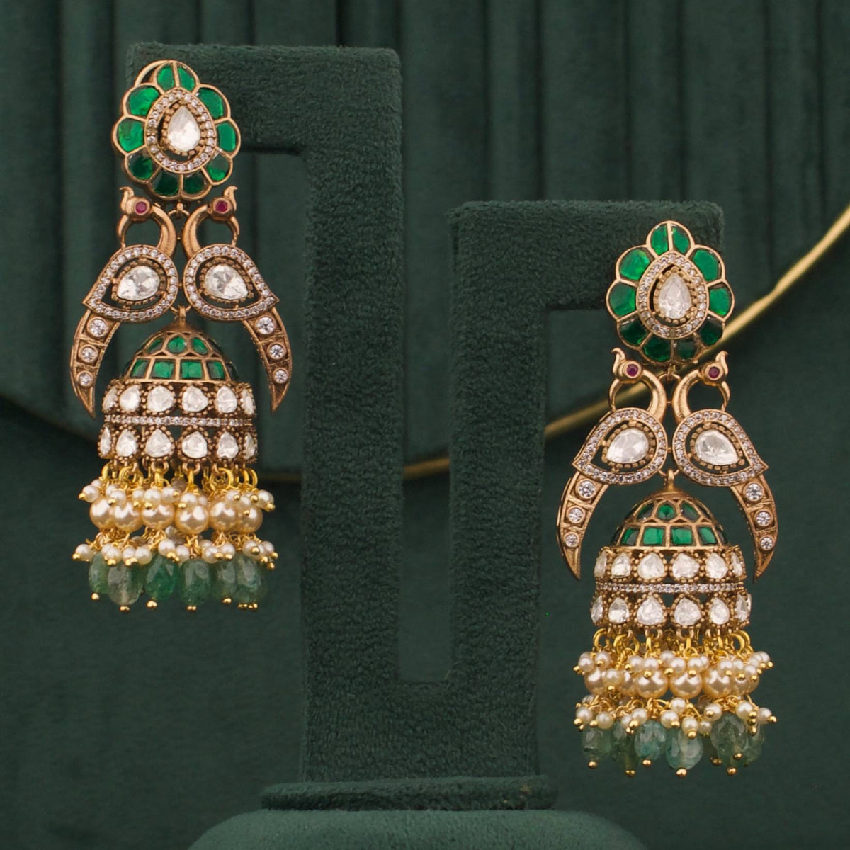 Bridal Polki Victorian Jhumka with Guttapusalu Hangings Close-up Design & Gemstone Detailing - Dulhan Jewels