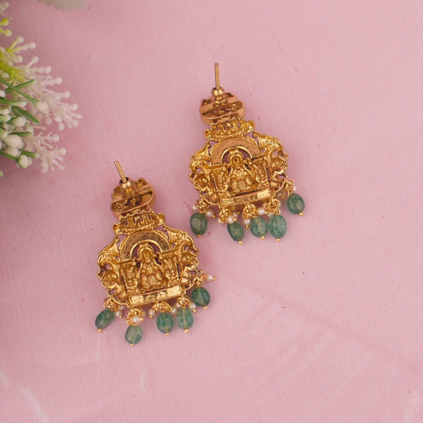 Jadau Kundan Lakshmi Temple Necklace Set With Green Beads