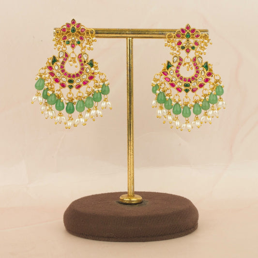 Jadau Kundan Chand Bali With Leaf Peacock Design