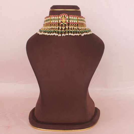 Gold Finish Jadau Kundan Choker Lakshmi Devi Design With Green Beads Hangings