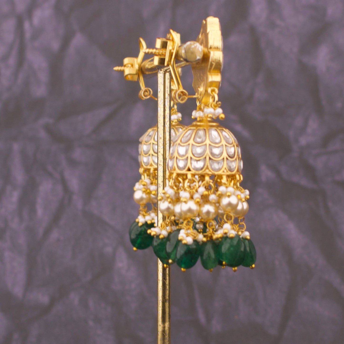 Floral Studded Jadau Kundan Jhumki With Pearl And Bead Hangings