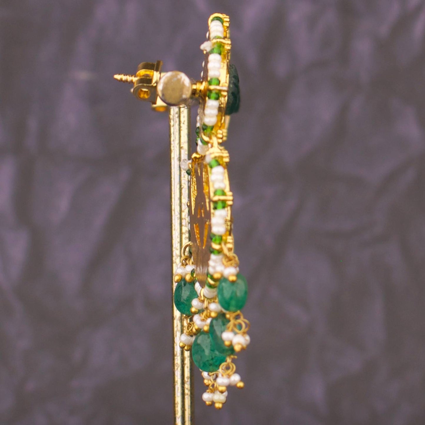 Stylish Jadau Kundan Earrings With Emerald Drops
