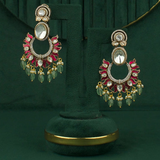 Graceful Fusion Kundan Polki Victorian Chand Bali with Green Beads