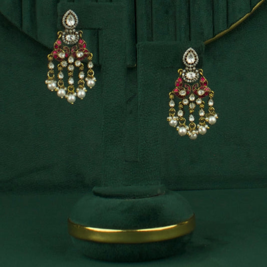 Exquisite Polki Mehandi Victorian ChandBali Earrings With White Pearls