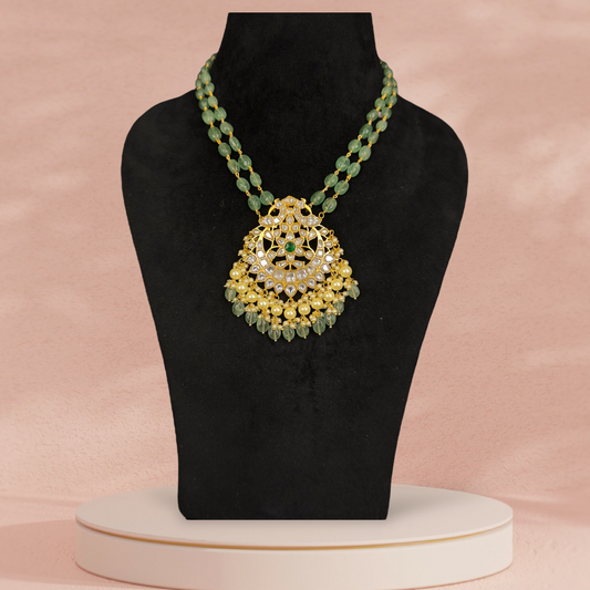 Elegant Jadau Kundan Beads Necklace with Statement Pendant - DULHAN JEWELS