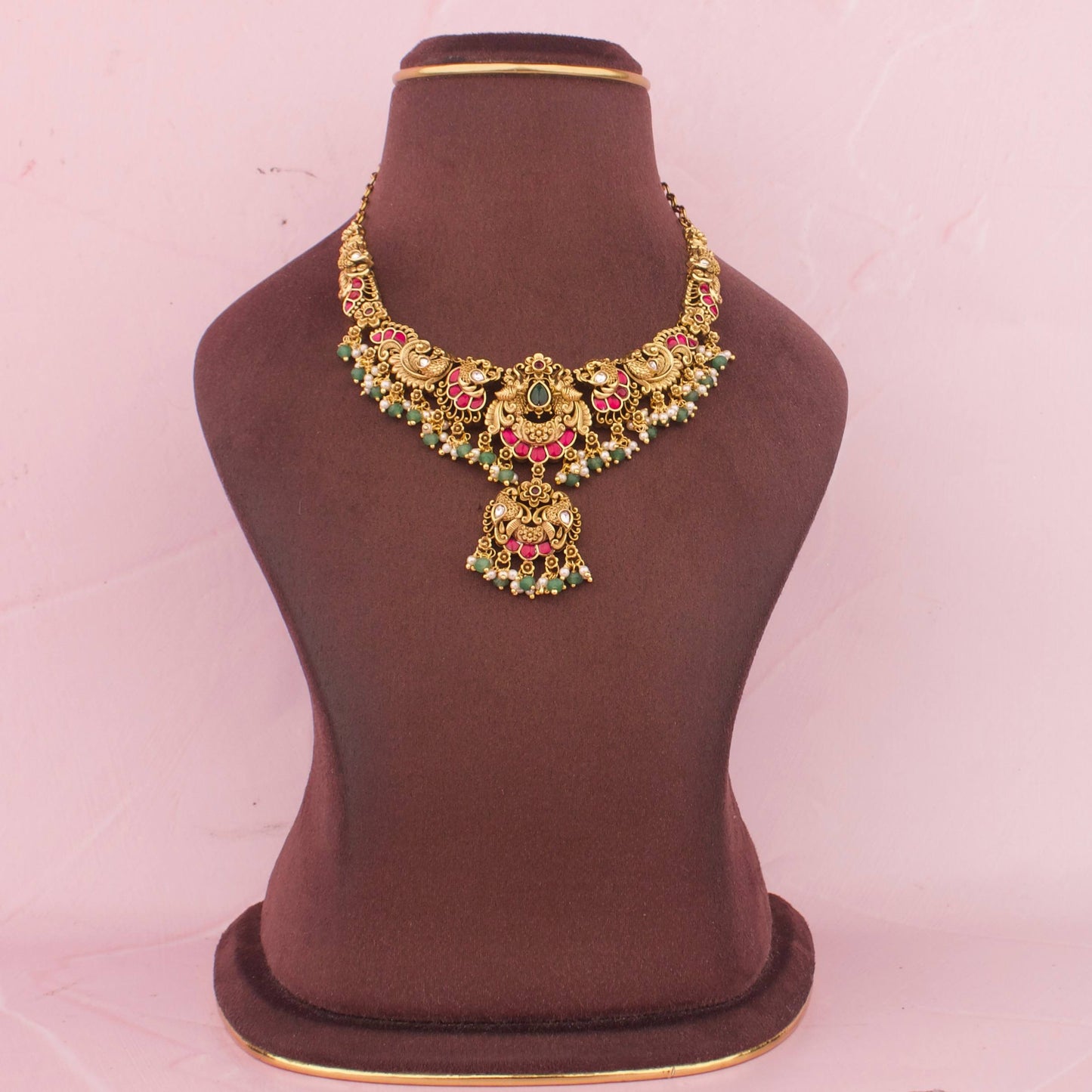 Traditional Peacock Nakshi Jadau Kundan Necklace With Emerald Beads