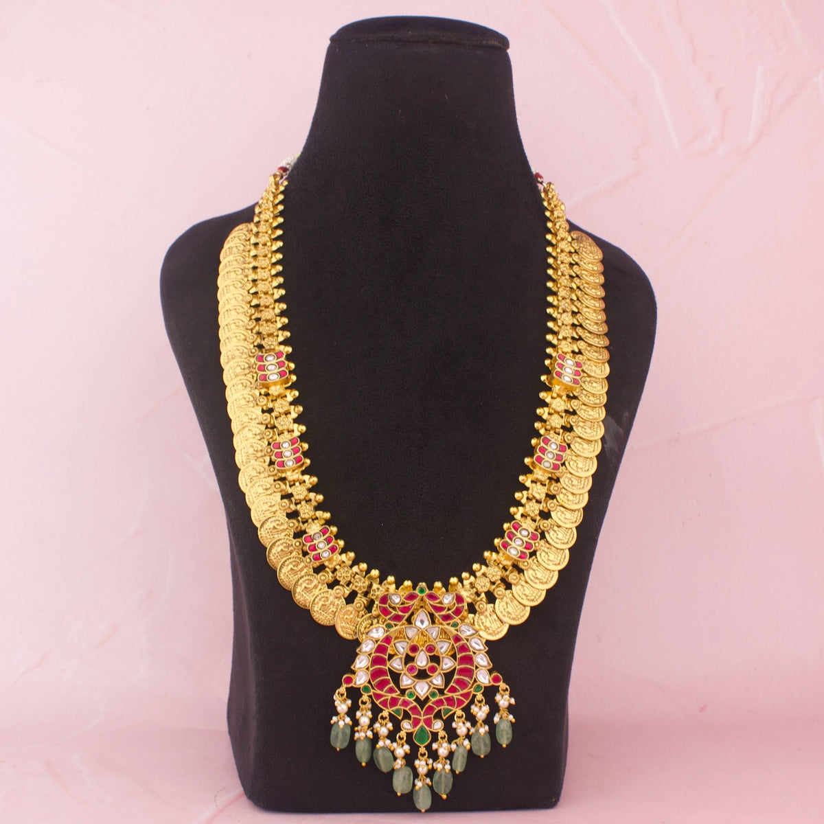 Elegant Jadau Kundan Kasulu Haram With Green Drops - Handcrafted Indian Bridal Jewelry by Dulhan Jewels
