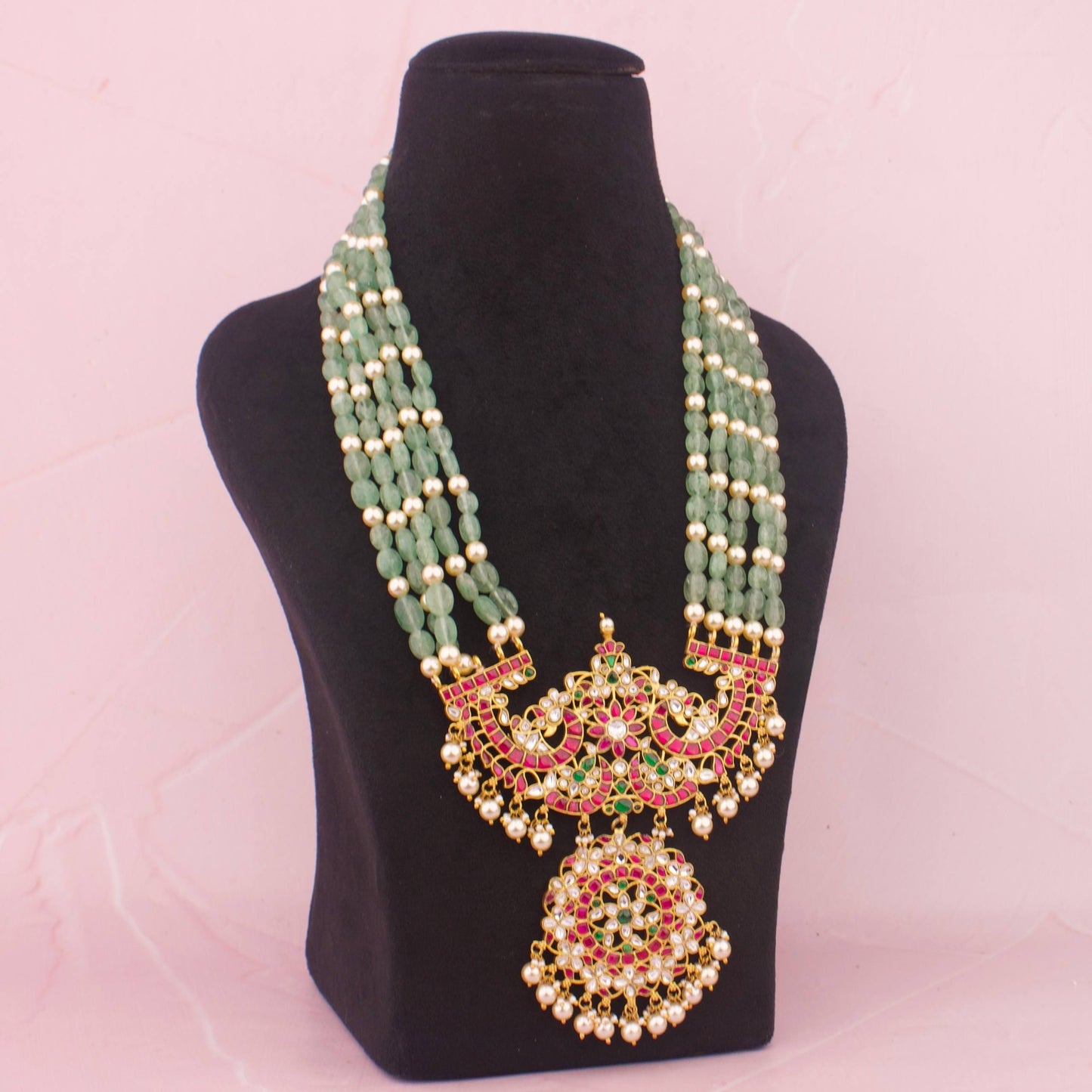 Close-Up Detail View of Bridal Jadau Kundan Rani Haram Beads Mala | Dulhan Jewels