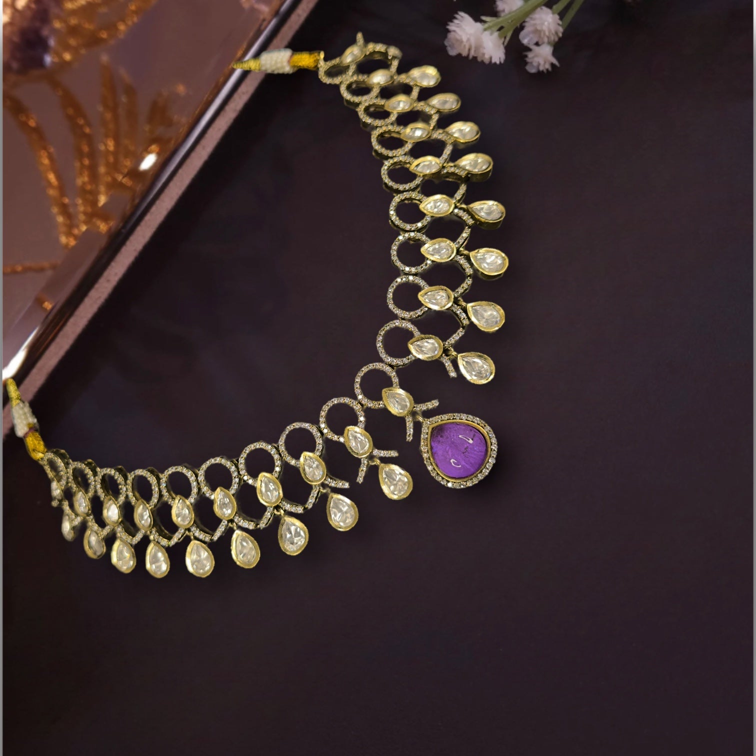 Beautiful Victorian Necklace Set with zircon,and moissanite polki stones,including matching earrings. This Victorian Jewellery is available in Red,Green & Purple colour variants. 