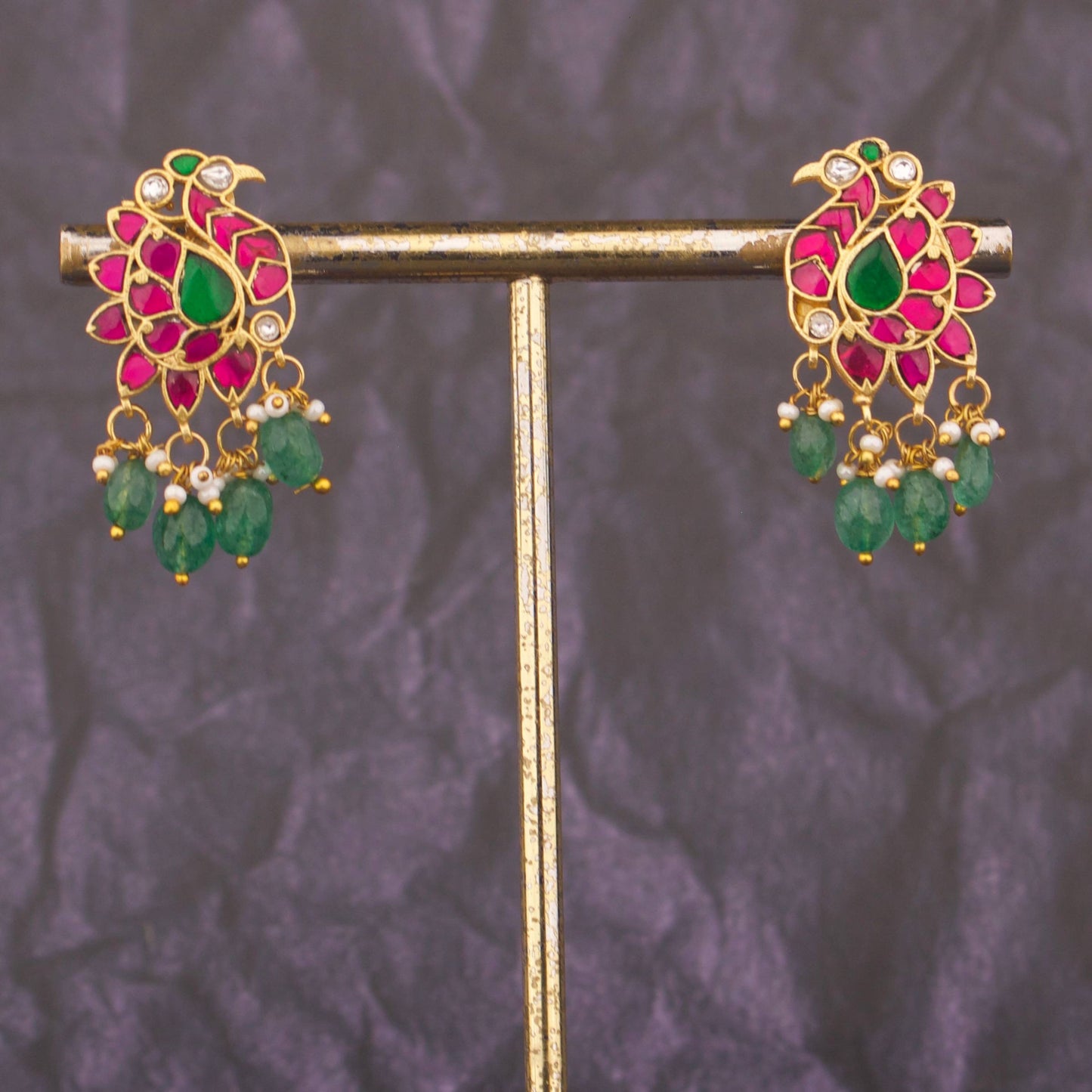 Ethnic Jadau Kundan Stud Earrings With Emerald Drops