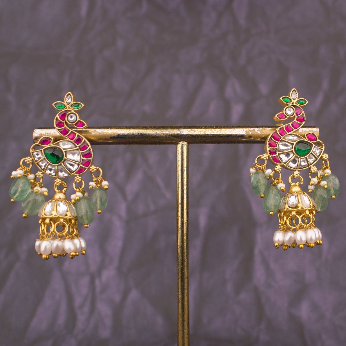 Designer Peacock Jadau Kundan Stud Jhumka Earrings With Pearl Drops