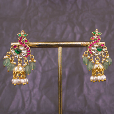 Designer Peacock Jadau Kundan Stud Jhumka Earrings With Pearl Drops